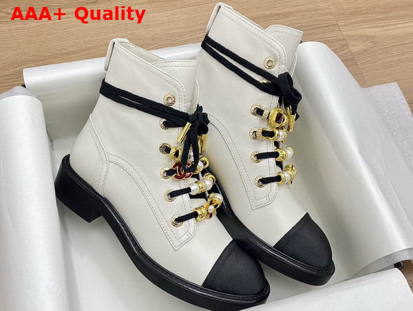 Chanel Combat Boots in White Calfskin Grosgrain Imitation Pearls Strass Metal G45856 Replica