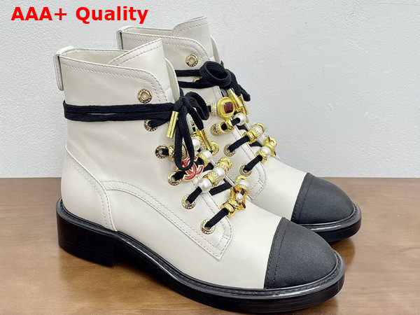 Chanel Combat Boots in White Calfskin Grosgrain Imitation Pearls Strass Metal G45856 Replica