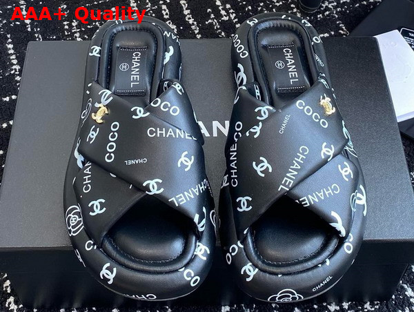 Chanel Cross Puffy Slide in Black Printed Lambskin Replica