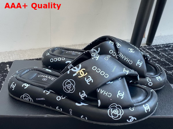 Chanel Cross Puffy Slide in Black Printed Lambskin Replica