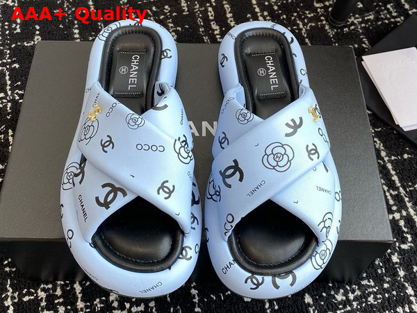 Chanel Cross Puffy Slide in Light Blue Printed Lambskin Replica