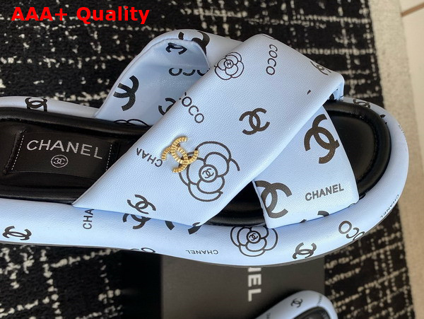 Chanel Cross Puffy Slide in Light Blue Printed Lambskin Replica