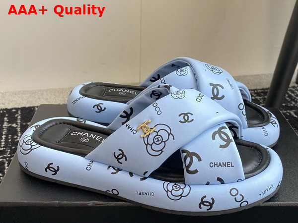 Chanel Cross Puffy Slide in Light Blue Printed Lambskin Replica