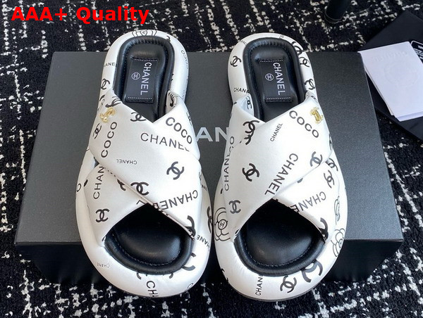 Chanel Cross Puffy Slide in White Printed Lambskin Replica