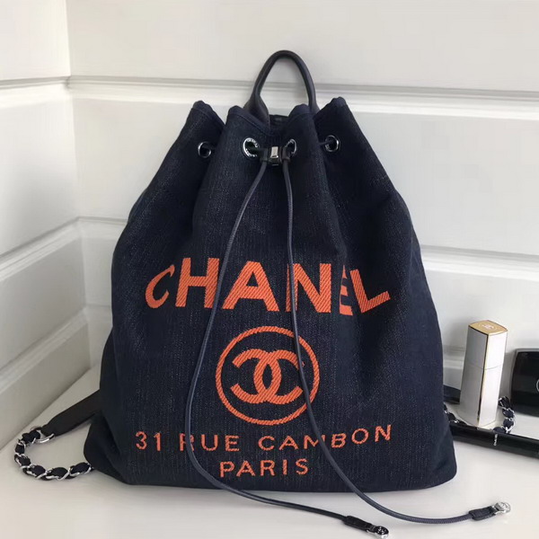 Chanel Drawstring Backpack Navy Blue Denim For Sale