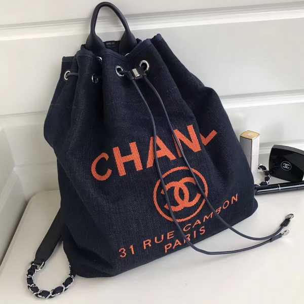 Chanel Drawstring Backpack Navy Blue Denim For Sale