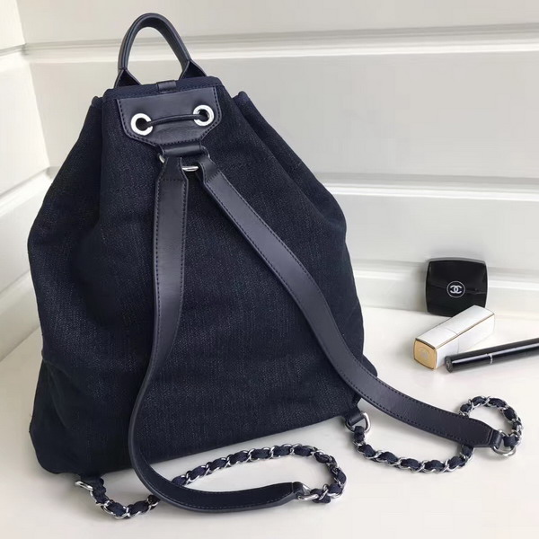 Chanel Drawstring Backpack Navy Blue Denim For Sale