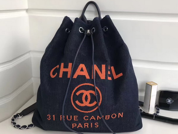 Chanel Drawstring Backpack Navy Blue Denim For Sale