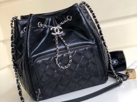 Chanel Drawstring Bag Aged Calfskin Black