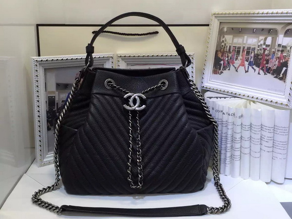 Chanel Drawstring Bag Deer Leather Ruthenium Metal Black Chevron for Sale