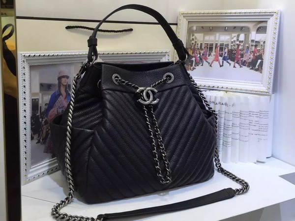 Chanel Drawstring Bag Deer Leather Ruthenium Metal Black Chevron for Sale