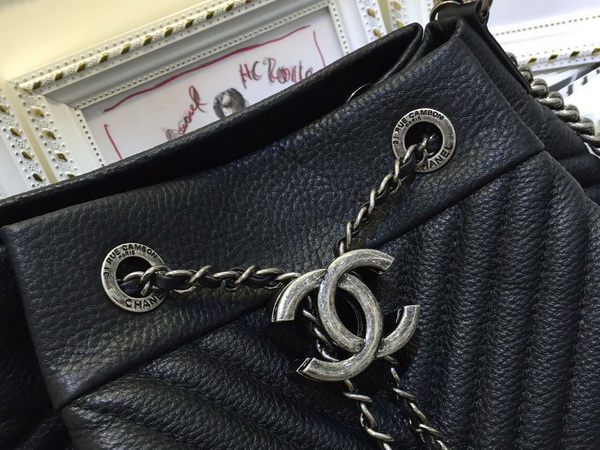 Chanel Drawstring Bag Deer Leather Ruthenium Metal Black Chevron for Sale