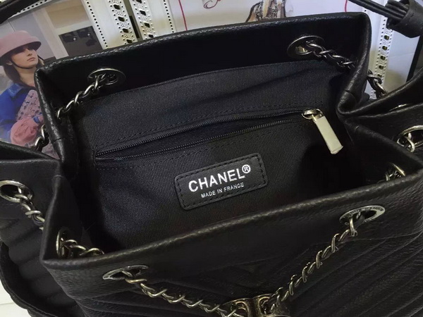 Chanel Drawstring Bag Deer Leather Ruthenium Metal Black Chevron for Sale