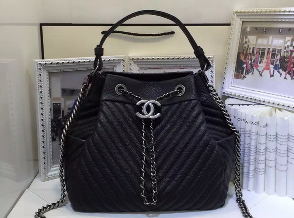 Chanel Drawstring Bag Deer Leather Ruthenium Metal Black Chevron for Sale