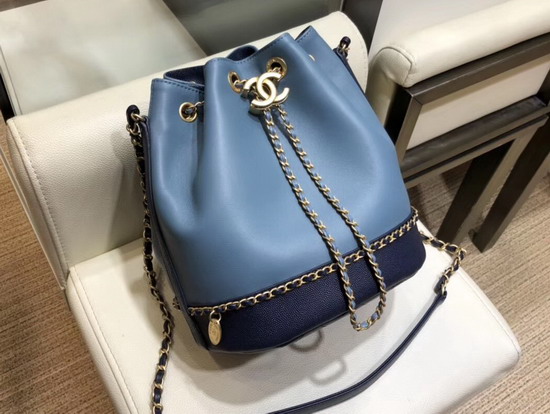 Chanel Drawstring Bag Lambskin and Grained Calfskin Blue and Dark Blue AS0373