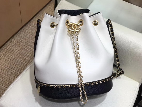 Chanel Drawstring Bag Lambskin and Grained Calfskin White and Black AS0373