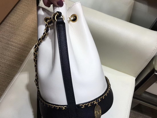 Chanel Drawstring Bag Lambskin and Grained Calfskin White and Black AS0373