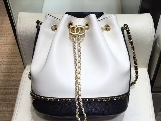 Chanel Drawstring Bag Lambskin and Grained Calfskin White and Black AS0373