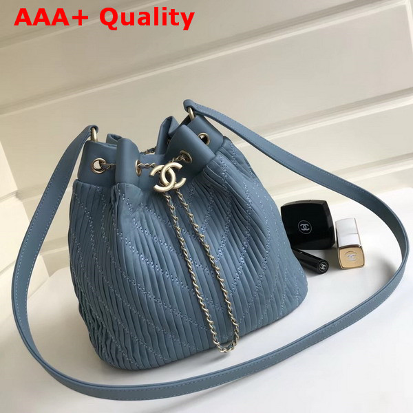 Chanel Drawstring Bag Pleated Crumpled Calfskin Gold Tone Metal Light Blue Replica