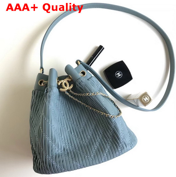 Chanel Drawstring Bag Pleated Crumpled Calfskin Gold Tone Metal Light Blue Replica