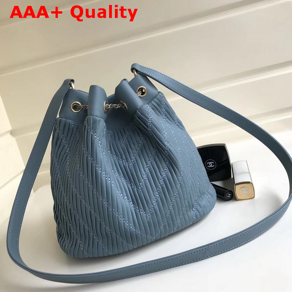 Chanel Drawstring Bag Pleated Crumpled Calfskin Gold Tone Metal Light Blue Replica