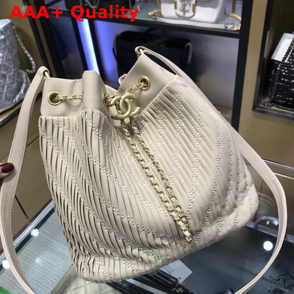 Chanel Drawstring Bag Pleated Crumpled Calfskin Gold Tone Metal Light Grey Replica