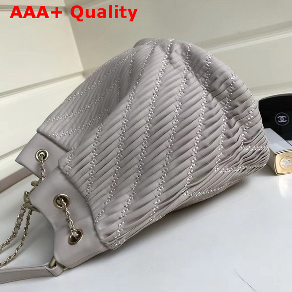 Chanel Drawstring Bag Pleated Crumpled Calfskin Gold Tone Metal Light Grey Replica