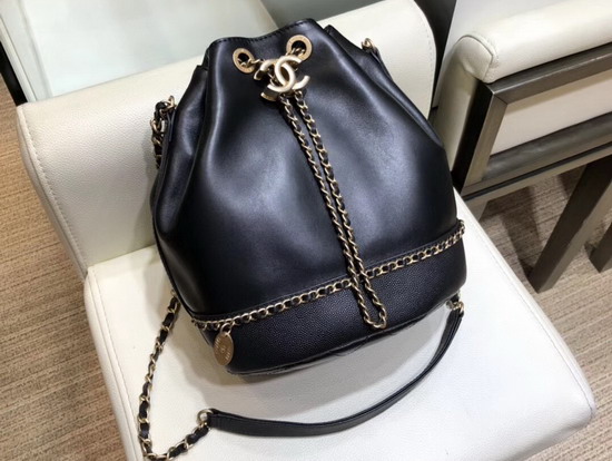 Chanel Drawstring Bag in Black Lambskin and Grained Calfskin AS0373