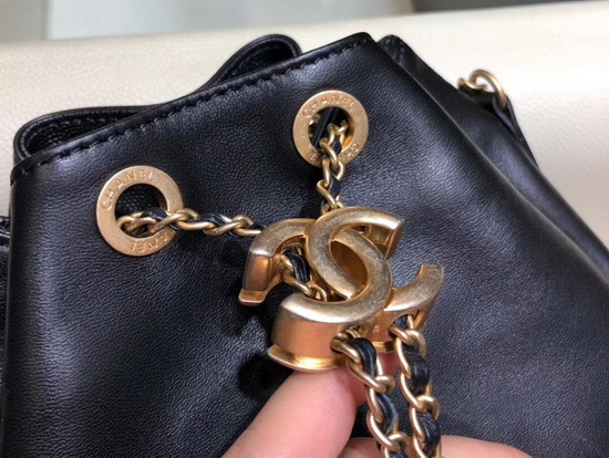 Chanel Drawstring Bag in Black Lambskin and Grained Calfskin AS0373