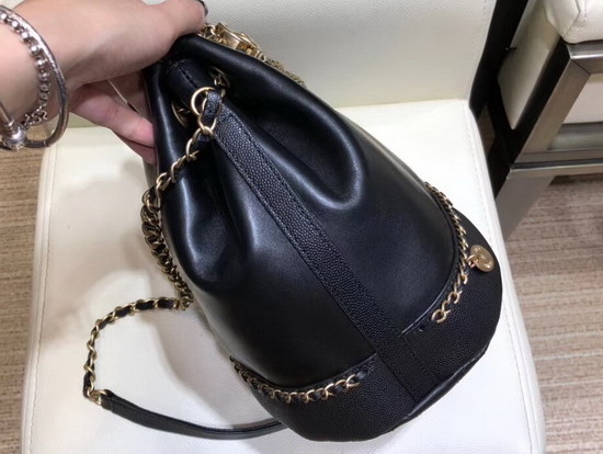 Chanel Drawstring Bag in Black Lambskin and Grained Calfskin AS0373