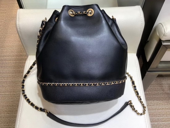 Chanel Drawstring Bag in Black Lambskin and Grained Calfskin AS0373