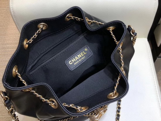 Chanel Drawstring Bag in Black Lambskin and Grained Calfskin AS0373