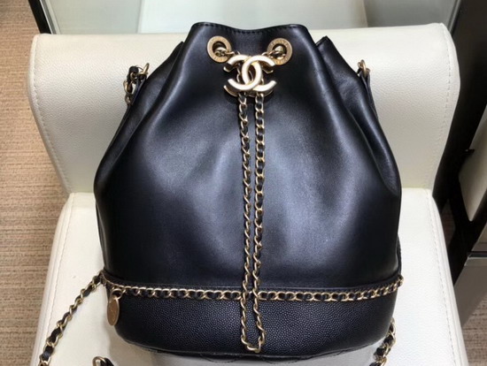 Chanel Drawstring Bag in Black Lambskin and Grained Calfskin AS0373