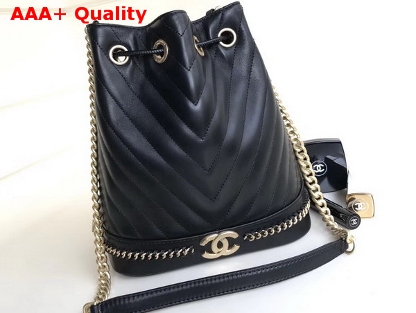 Chanel Drawstring Bucket Bag in Black Chevron Lambskin Replica