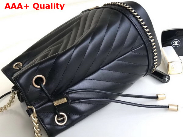 Chanel Drawstring Bucket Bag in Black Chevron Lambskin Replica