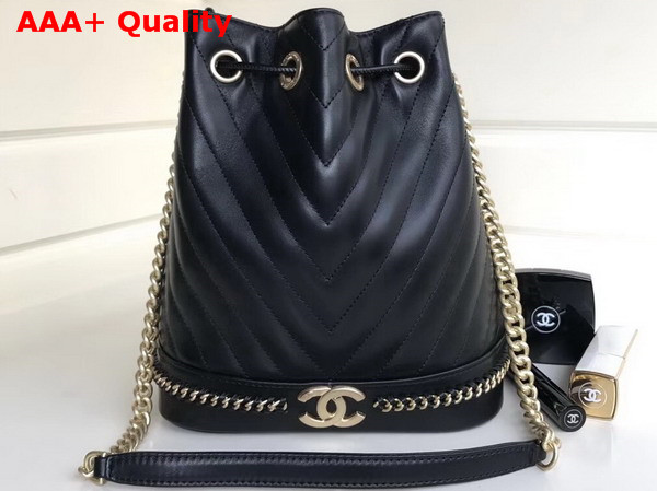 Chanel Drawstring Bucket Bag in Black Chevron Lambskin Replica