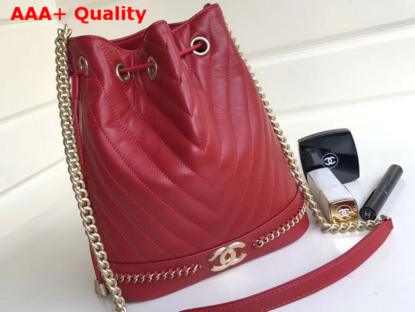 Chanel Drawstring Bucket Bag in Red Chevron Lambskin Replica