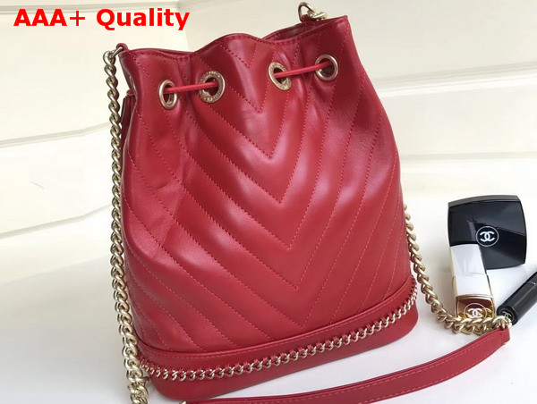 Chanel Drawstring Bucket Bag in Red Chevron Lambskin Replica