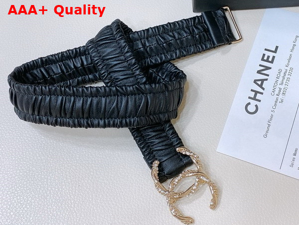 Chanel Elastic Belt in Black Calfskin with Gold Tone Metal and Strass Replica