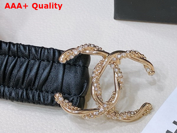 Chanel Elastic Belt in Black Calfskin with Gold Tone Metal and Strass Replica