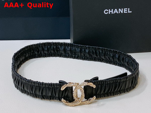 Chanel Elastic Belt in Black Calfskin with Gold Tone Metal and Strass Replica