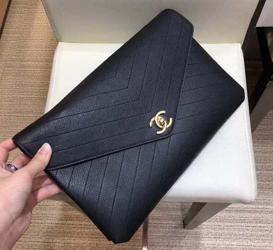 Chanel Envelope Clutch Black Chevron Leather