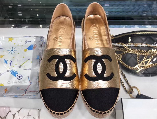 Chanel Espadrilles Lambskin and Grosgrain Metallic Gold and Black