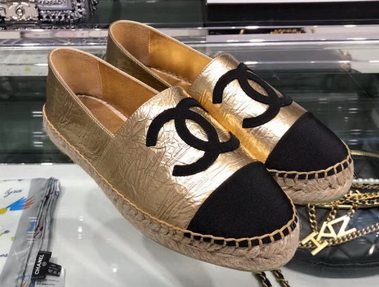 Chanel Espadrilles Lambskin and Grosgrain Metallic Gold and Black