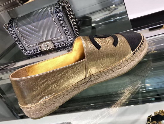 Chanel Espadrilles Lambskin and Grosgrain Metallic Gold and Black