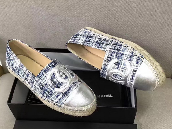 Chanel Espadrilles Metallic Lambskin and Tweed Blue Black and Silver For Sale