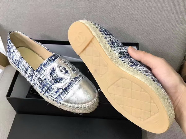 Chanel Espadrilles Metallic Lambskin and Tweed Blue Black and Silver For Sale