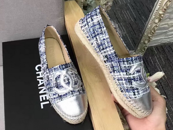 Chanel Espadrilles Metallic Lambskin and Tweed Blue Black and Silver For Sale