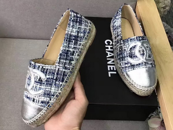 Chanel Espadrilles Metallic Lambskin and Tweed Blue Black and Silver For Sale