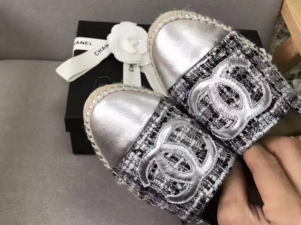 Chanel Espadrilles Metallic Lambskin and Tweed White Black and Silver For Sale